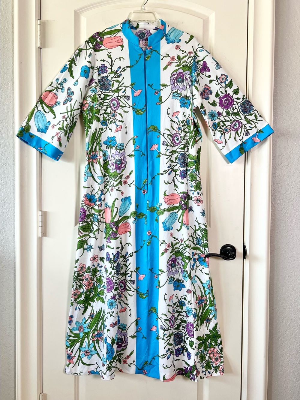 Vintage 70s Evelyn Pearson Go Coat Floral Maxi Housecoat Lounger Robe Dress